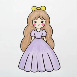 Boneca fofa com vestido roxo e laço amarelo