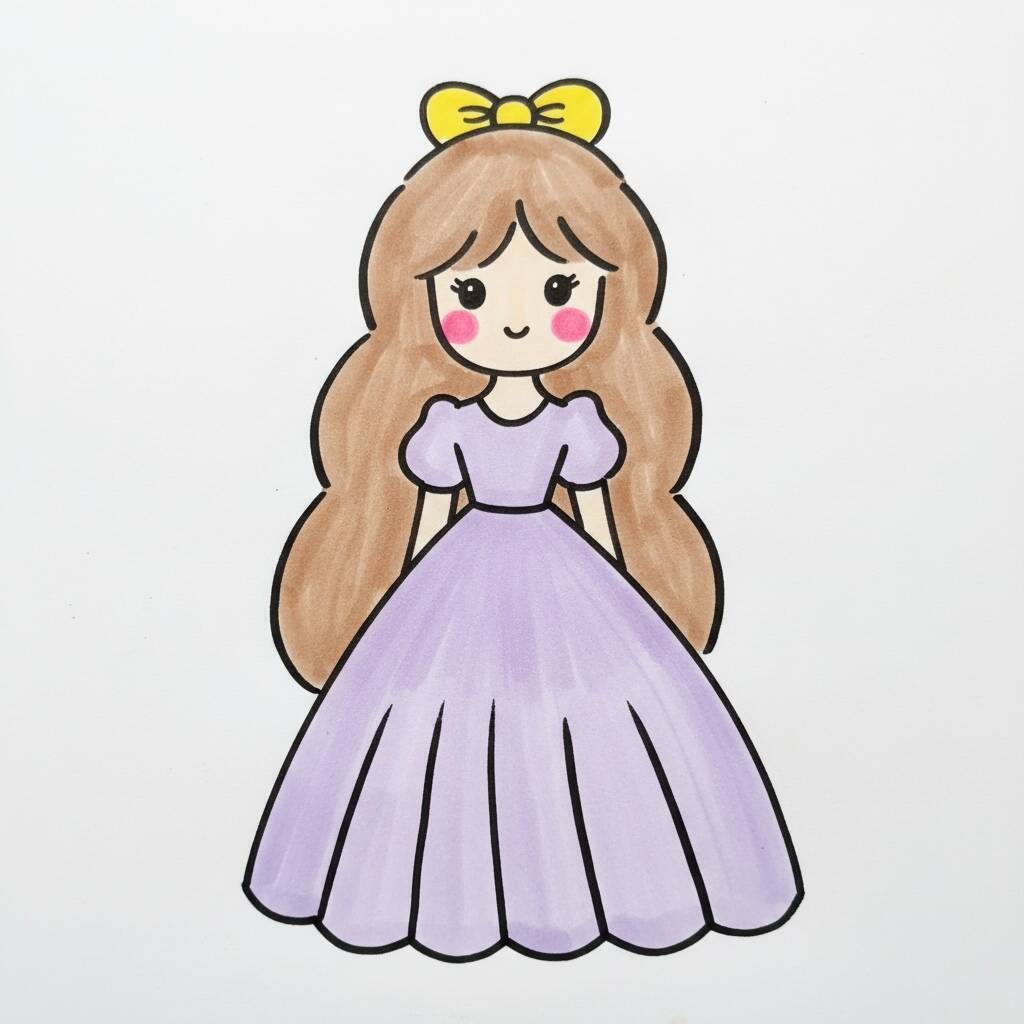 Boneca fofa com vestido roxo e laço amarelo