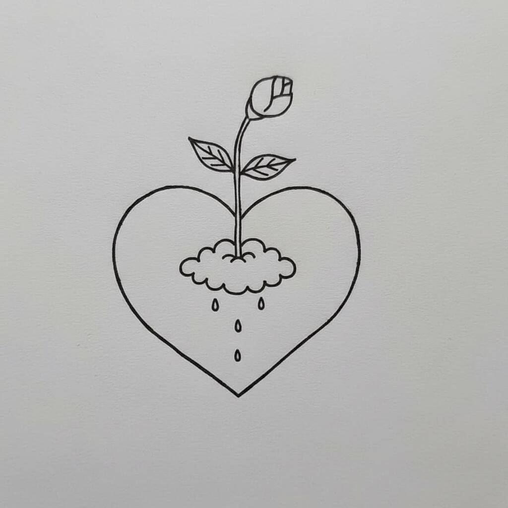 Coração com uma rosa e gotas de água
