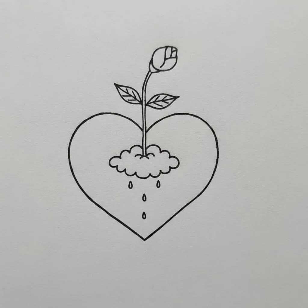 Coração com uma rosa e gotas de água