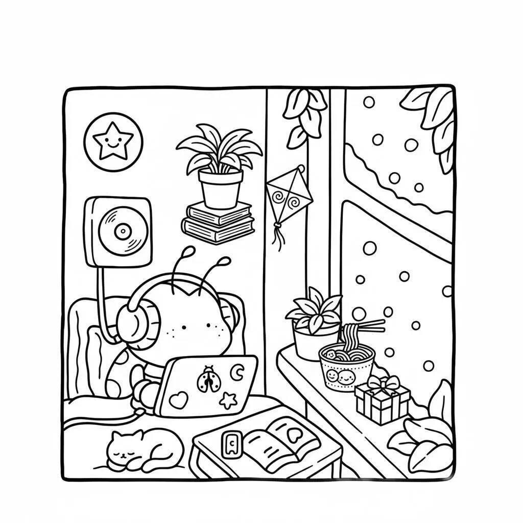 Desenho Cozy Friend Estudando em Casa para colorir