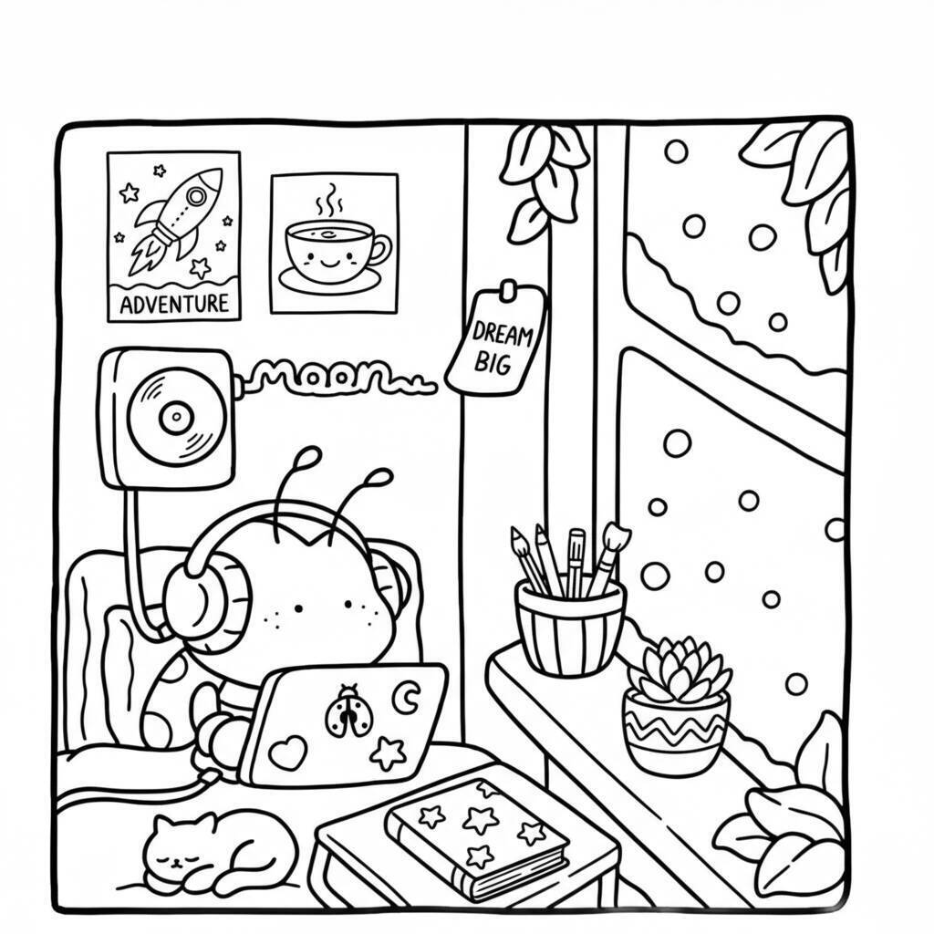 Desenho Cozy Friend Estudando em Casa para colorir