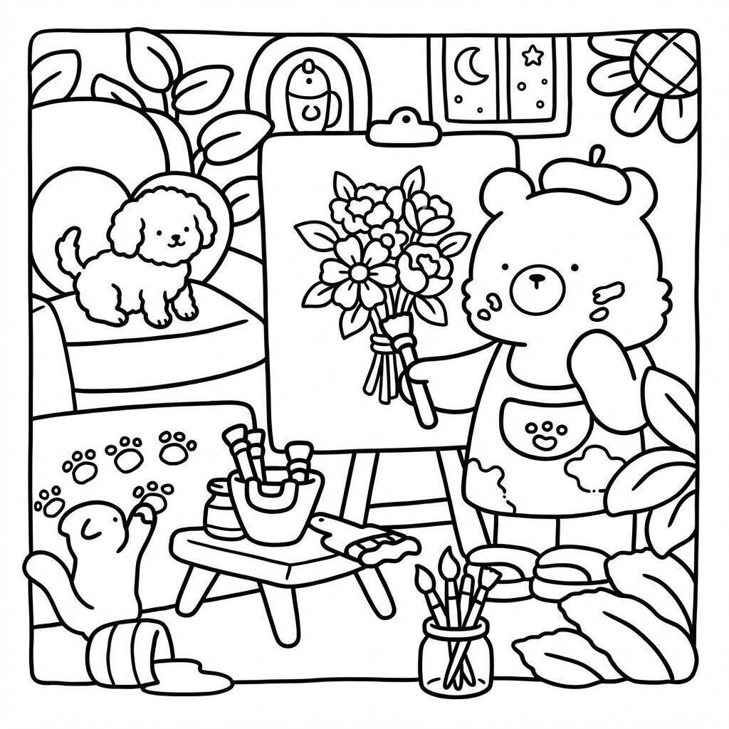 Desenho Cozy Friend Pintando Flores para colorir