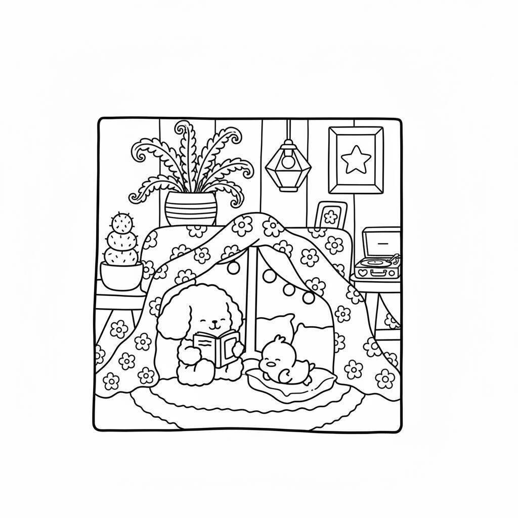 Desenho Cozy Friend em um Dia Chuvoso para colorir