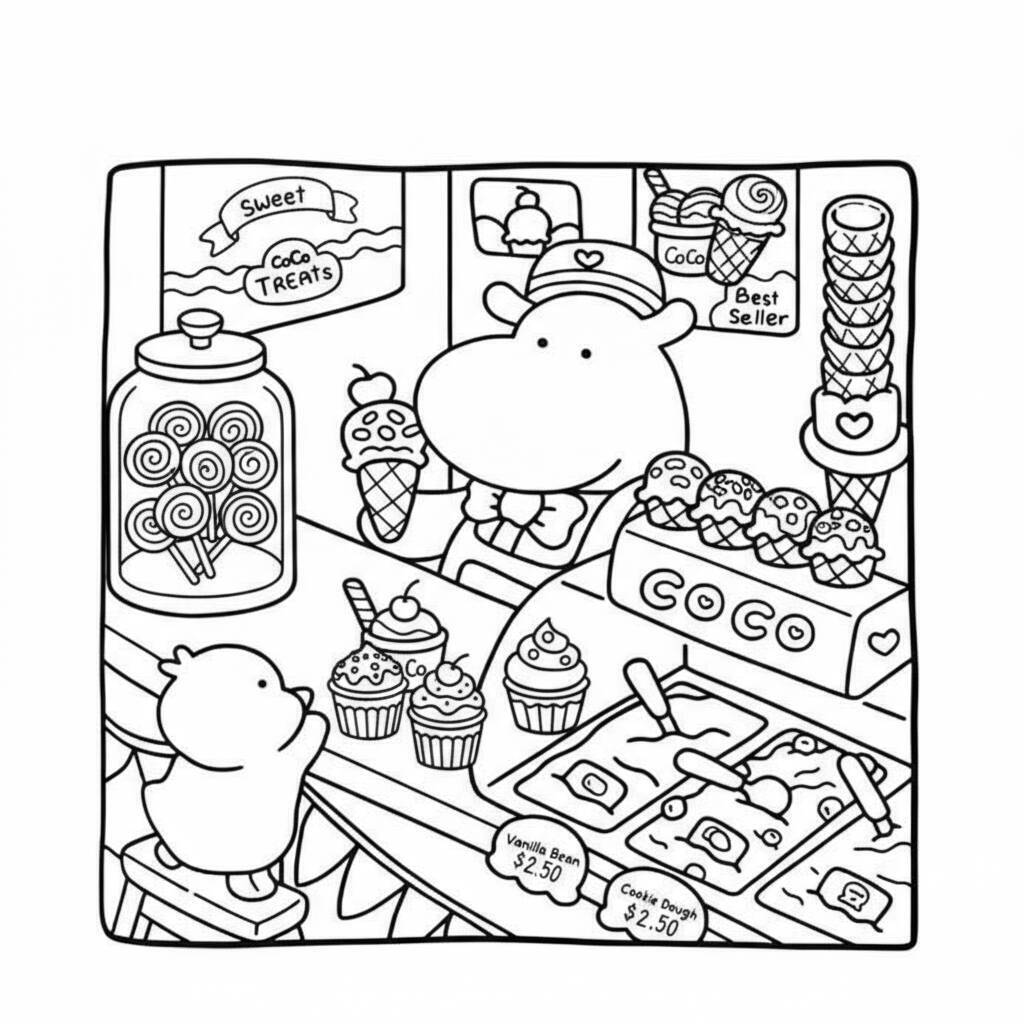 Desenho Cozy Friend na Sorveteria para colorir