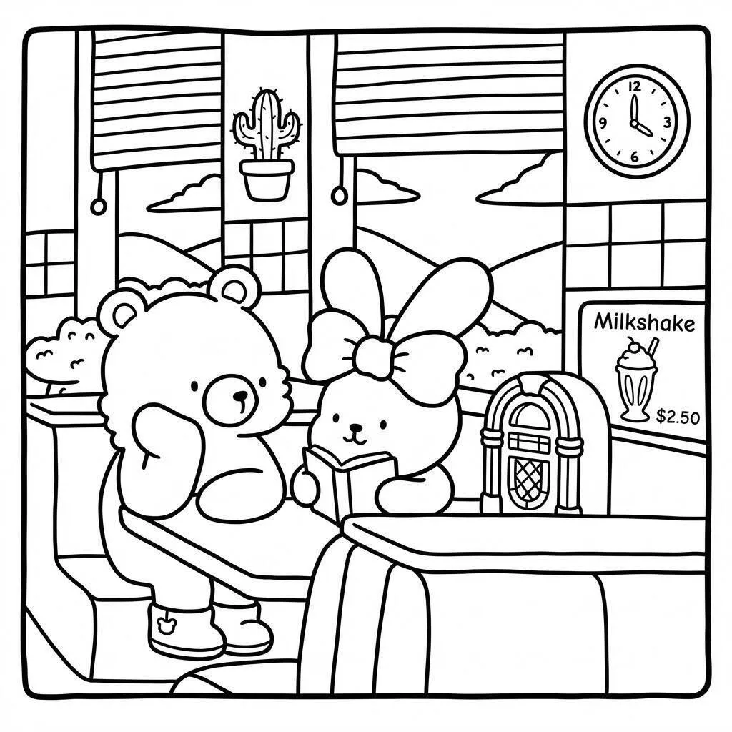 Desenho Cozy Friend na cafeteria para colorir
