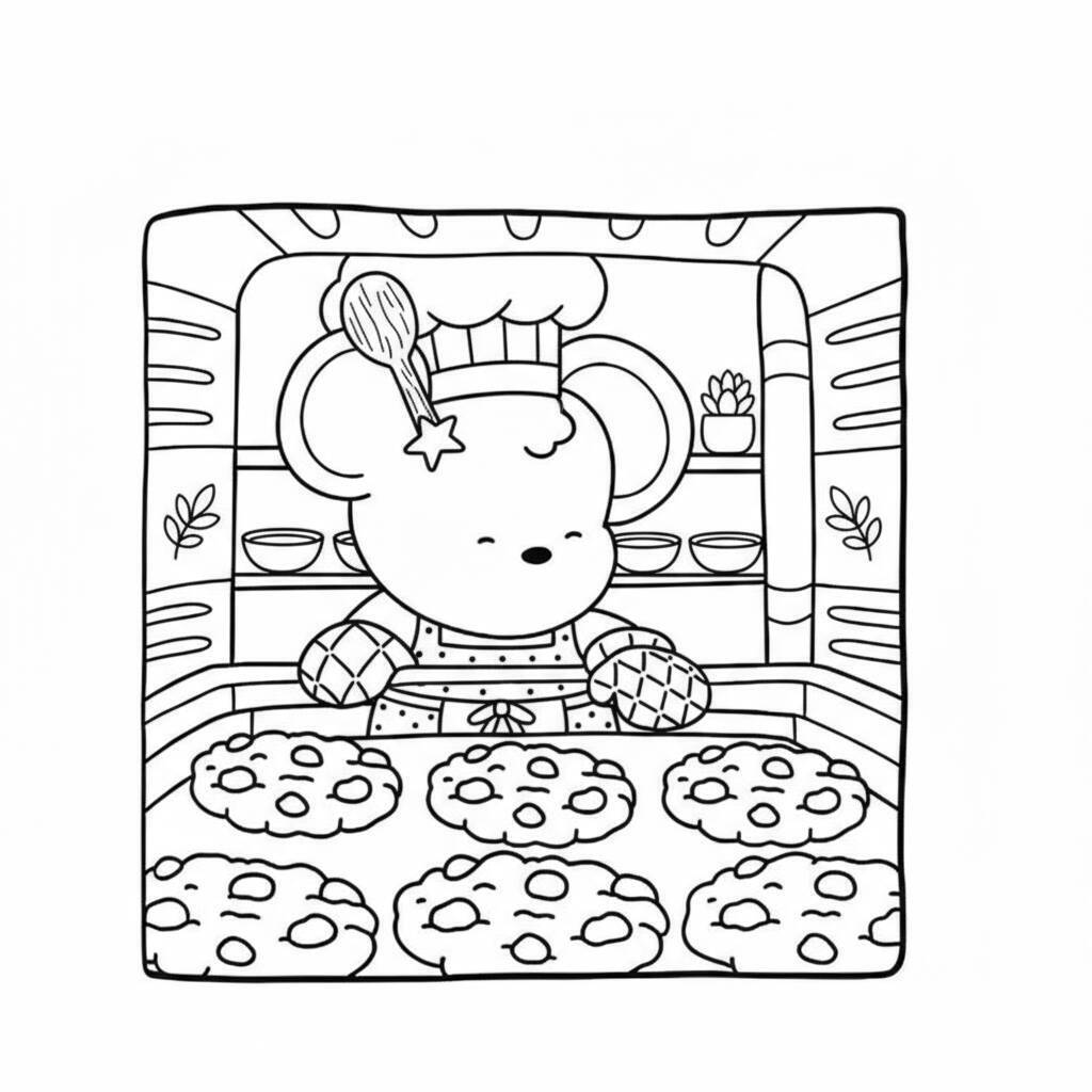 Desenho Cozy Friend na cozinha fazendo biscoitos para colorir