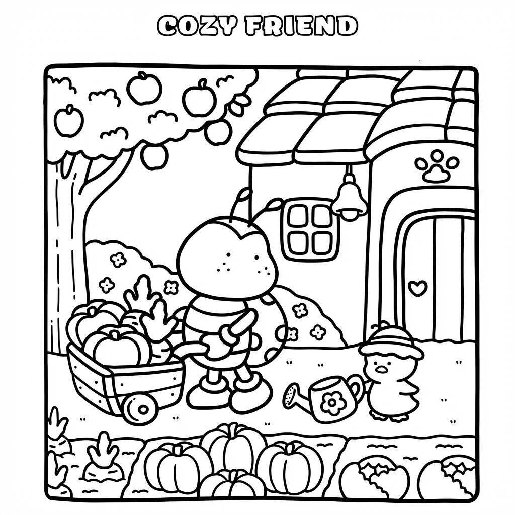 Desenho Cozy Friend no pomar para colorir
