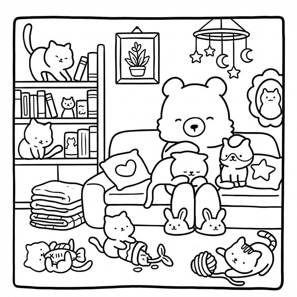 Desenho Cozy Friend no sofá com animais para colorir