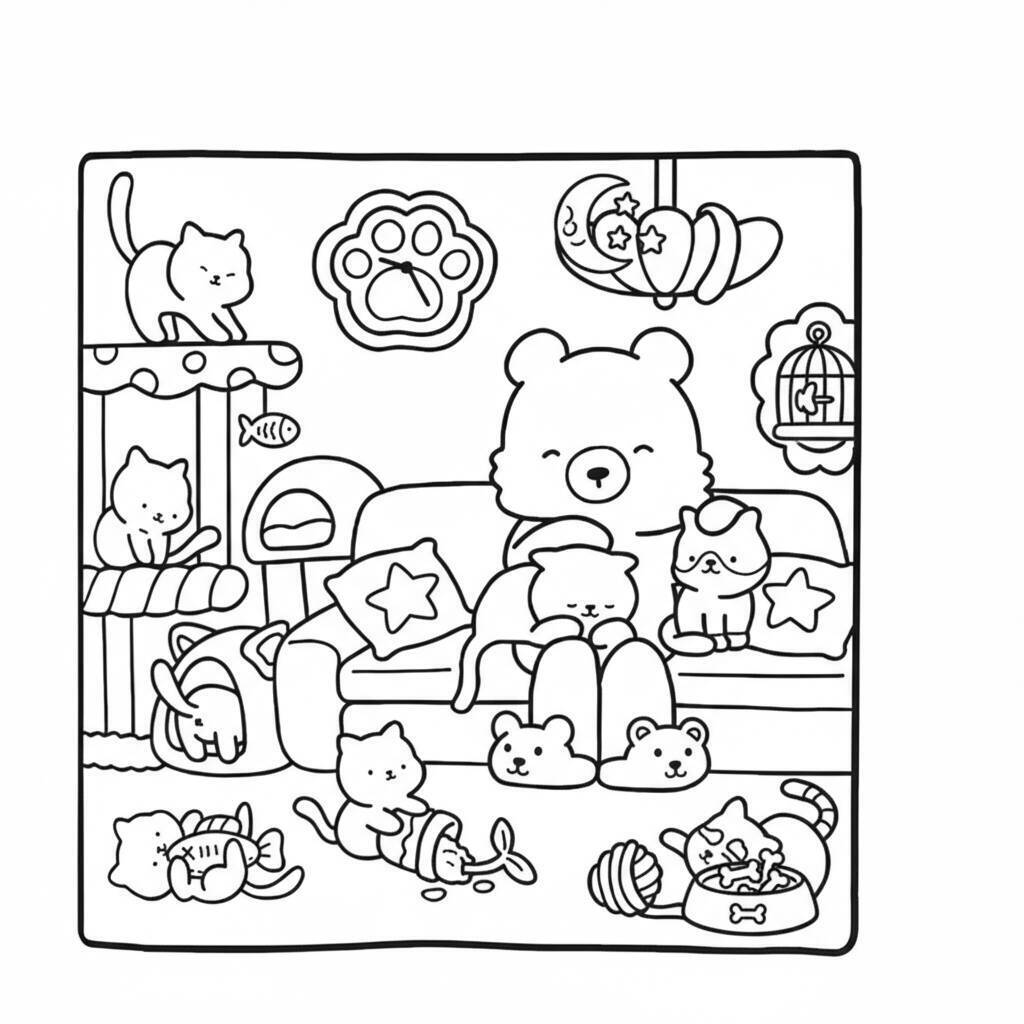 Desenho Cozy Friend no sofá com gatinhos para colorir