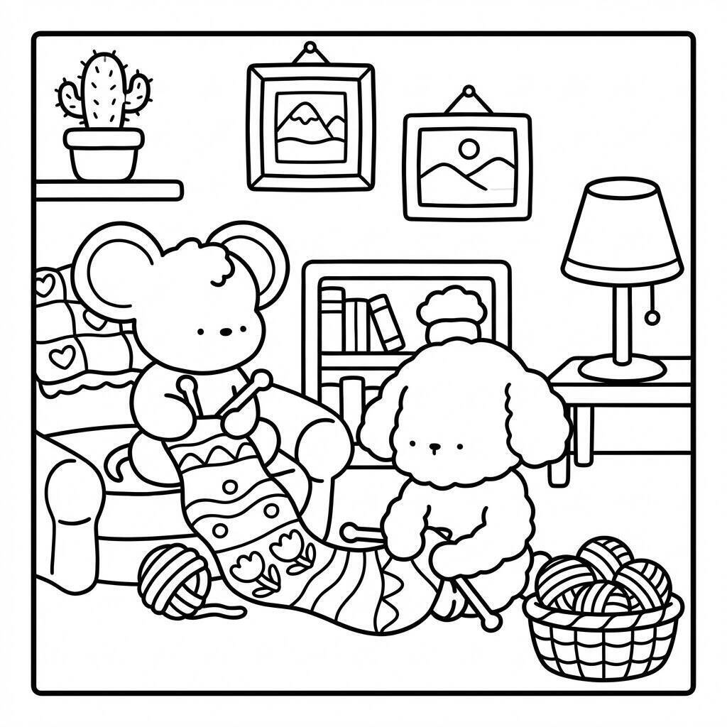 Desenho Cozy Friend no sofá tricotando para colorir