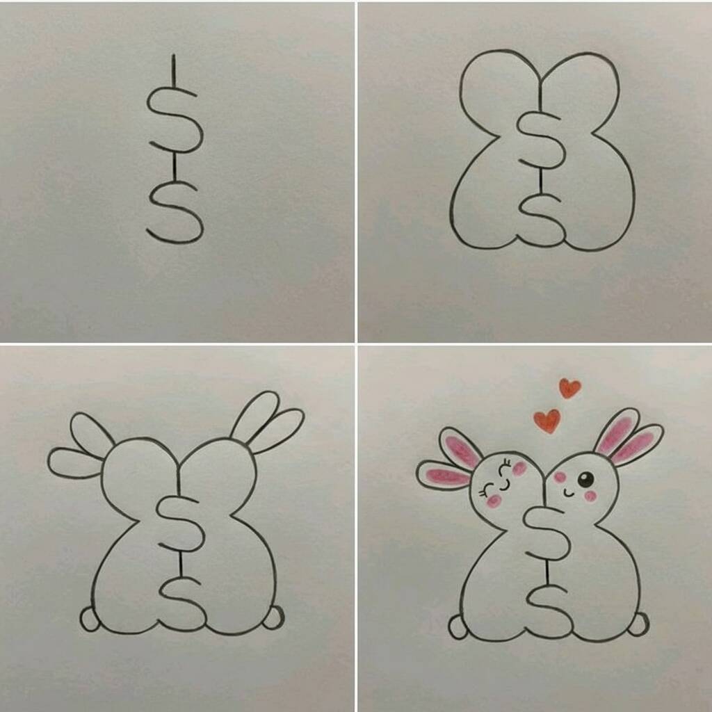 Desenho Fácil para desenhar de coelhos abraçados