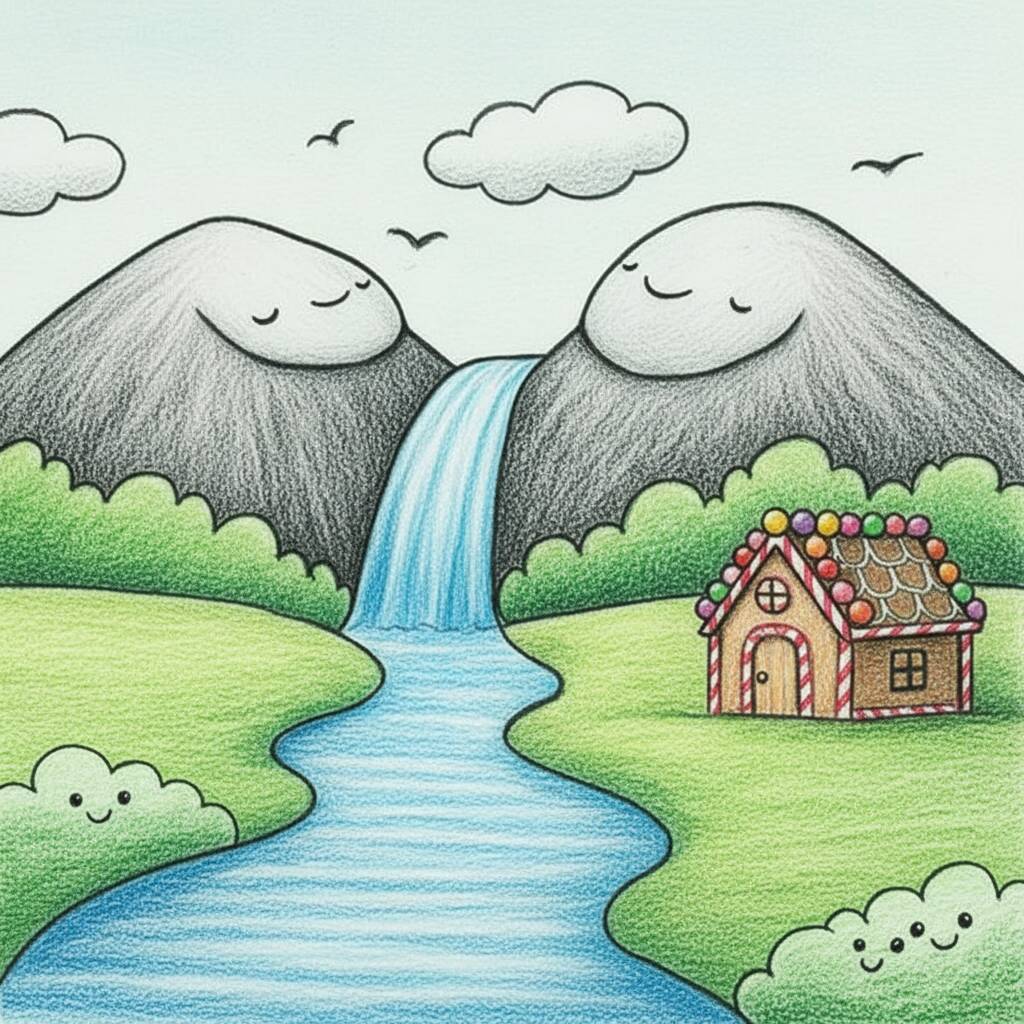 Desenho Fofo para Desenhar de Montanhas e Cachoeira