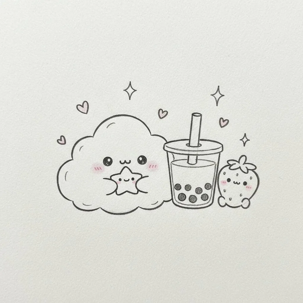 Desenho Fofo para Desenhar de Nuvem e Bebida com Bolhas
