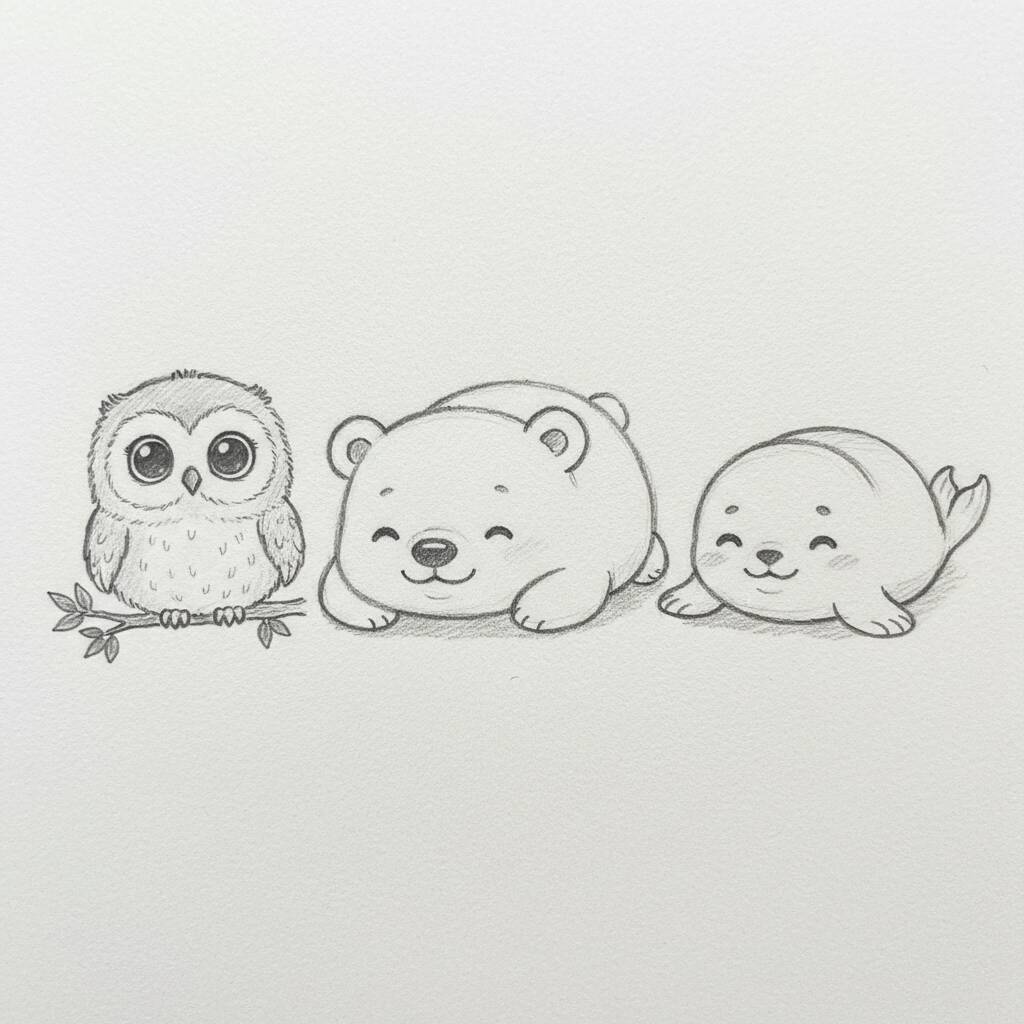 Desenho Fofo para Desenhar de um Coruja, Urso e Foca