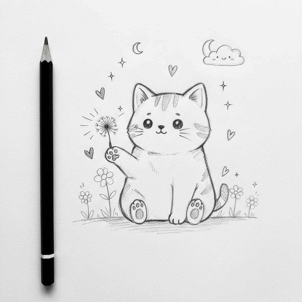 Desenho Fofo para Desenhar de um Gato com Dente de Leão