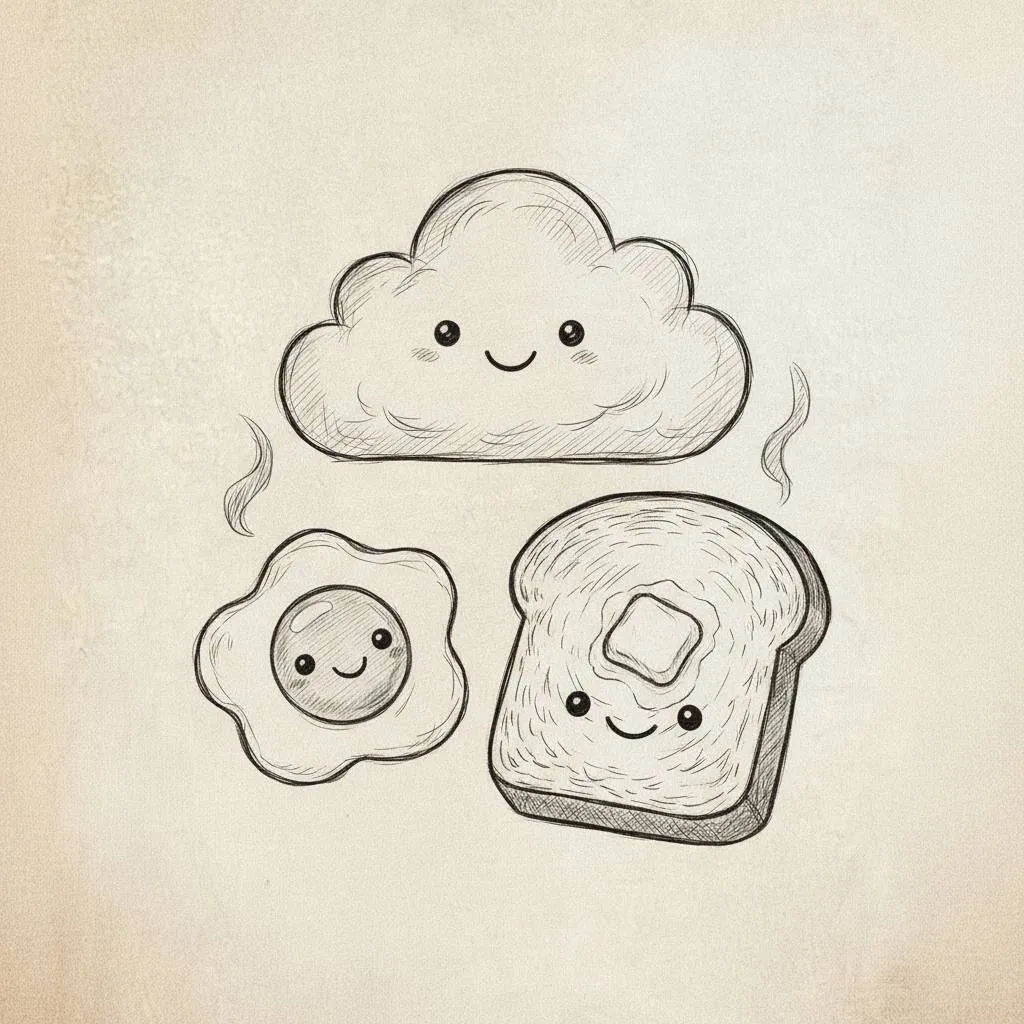 Desenho Fofo para Desenhar de um Nuvem, Ovo e Torrada Desenho Fofo para Desenhar de um Nuvem, Ovo e Torrada