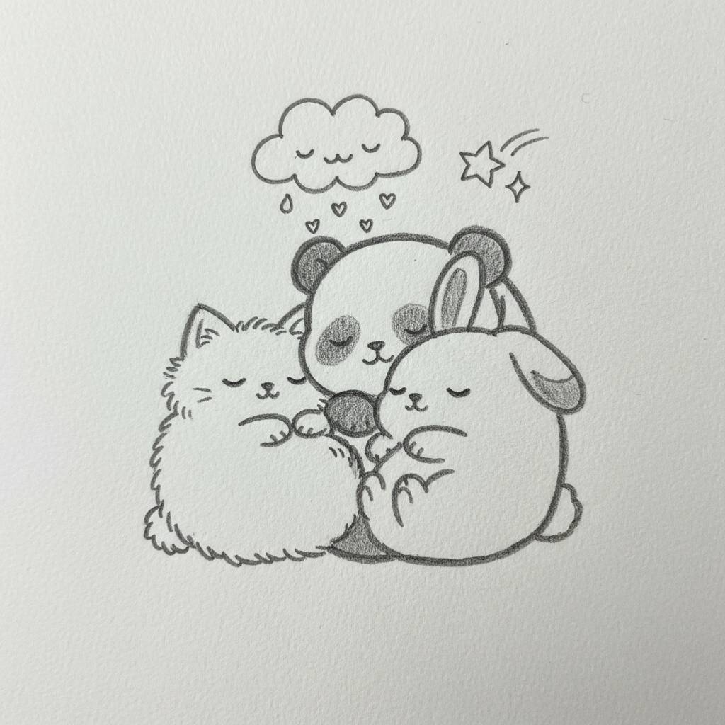 Desenho Fofo para Desenhar de um Panda, Gato e Coelho Abraçados