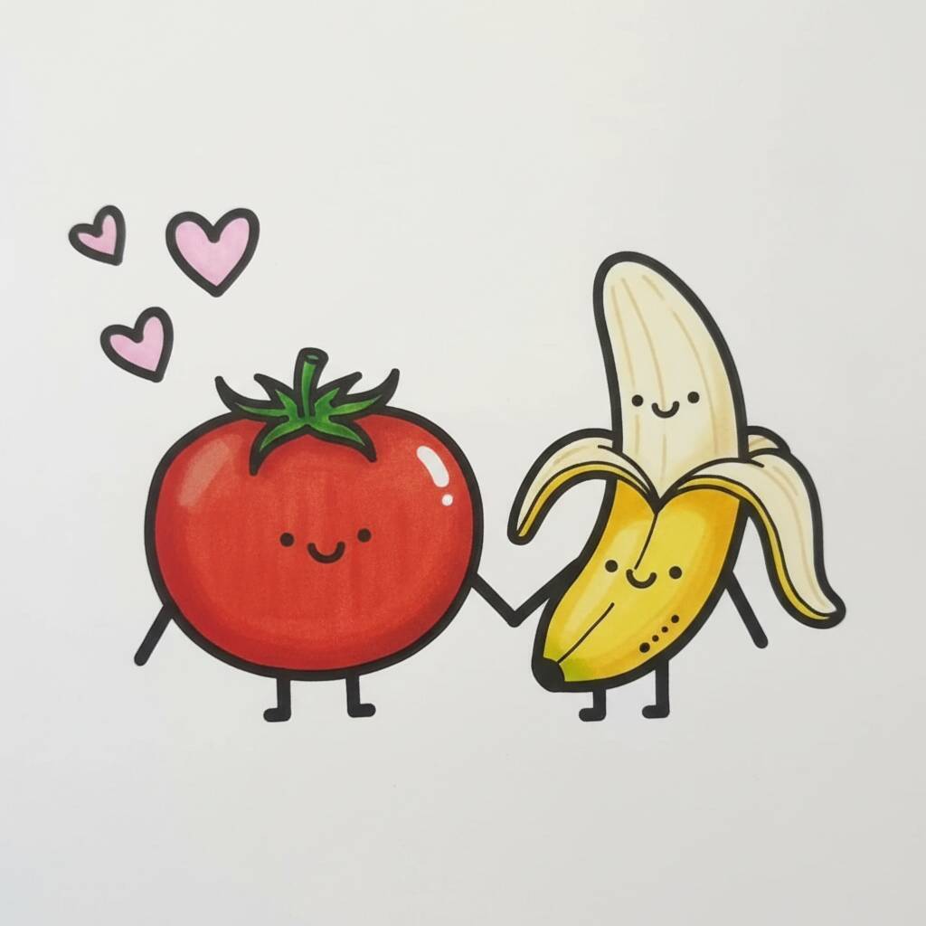 Desenho Fofo para Desenhar de um Tomate e uma Banana