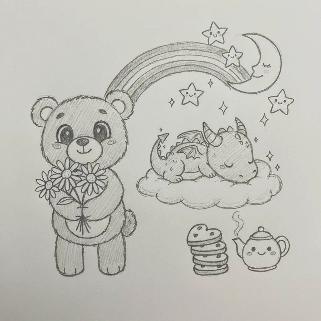 Desenho Fofo para Desenhar de um Urso e Dragão