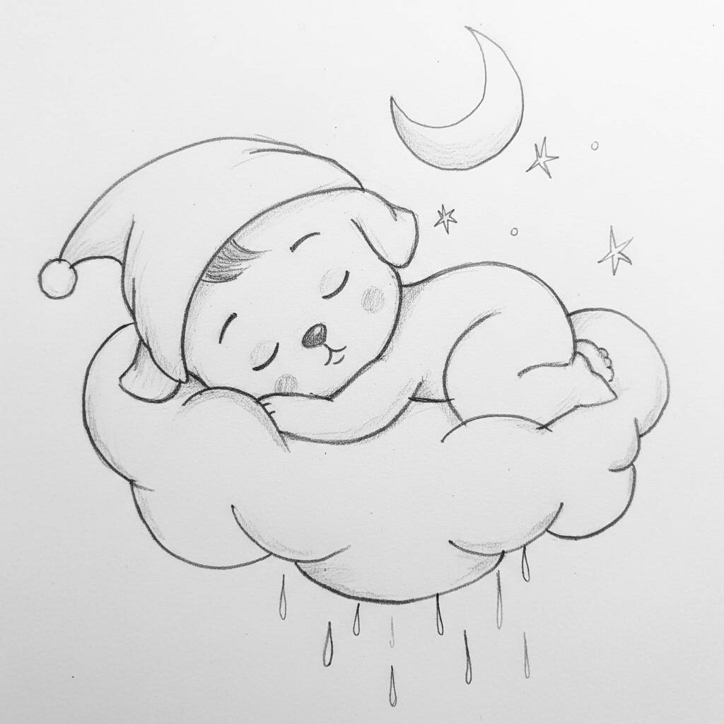Desenho Fofo para Desenhar de um cachorro dormindo na nuvem