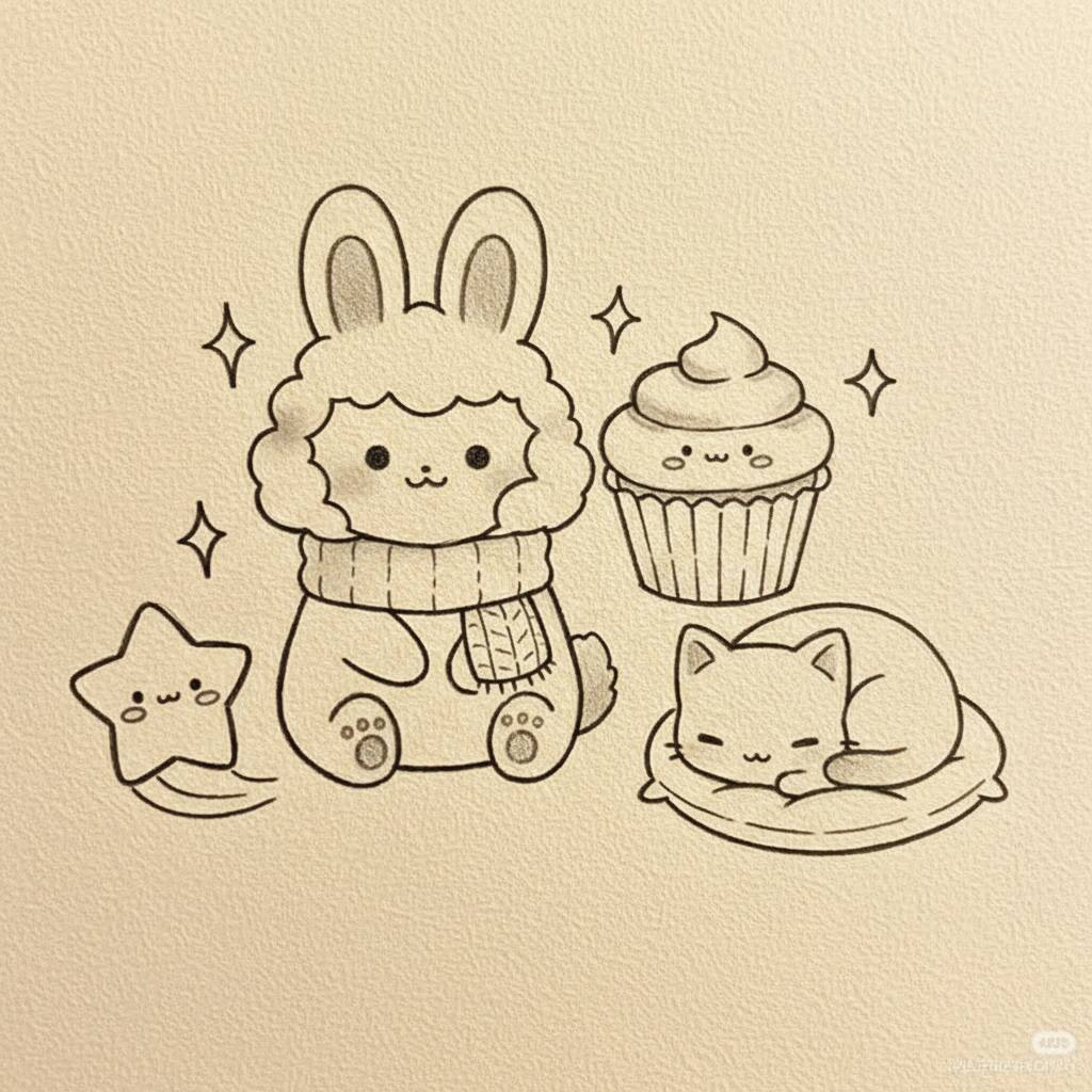 Desenho Fofo para Desenhar de um coelho, gato e cupcake