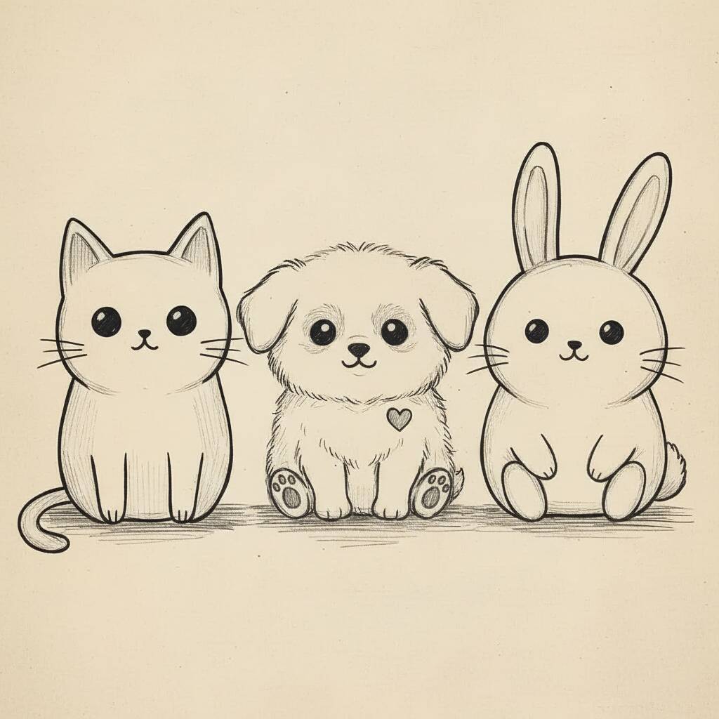 Desenho Fofo para Desenhar de um gato, cachorro e coelho