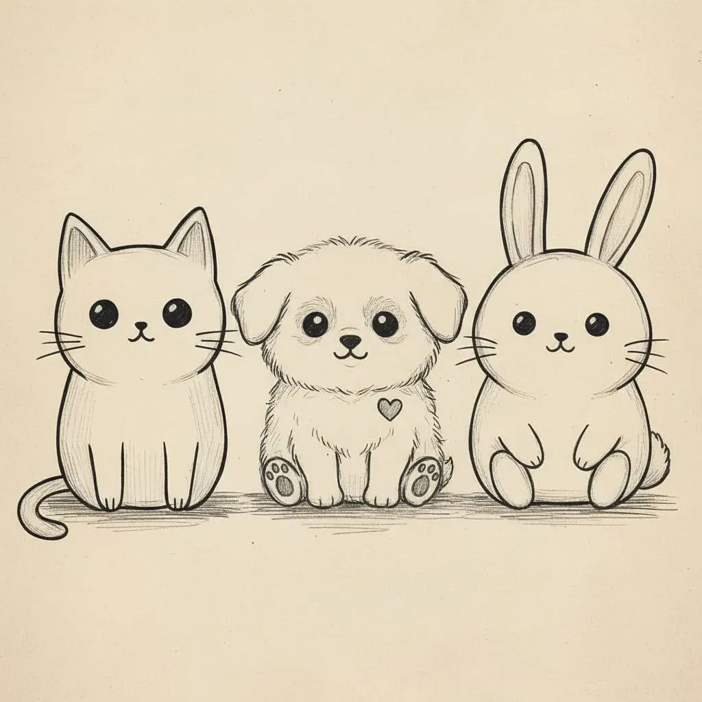 Desenho Fofo para Desenhar de um gato, cachorro e coelho Desenho Fofo para Desenhar de um gato, cachorro e coelho