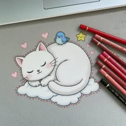 Desenho Fofo para Desenhar de um gato dormindo com um passarinho