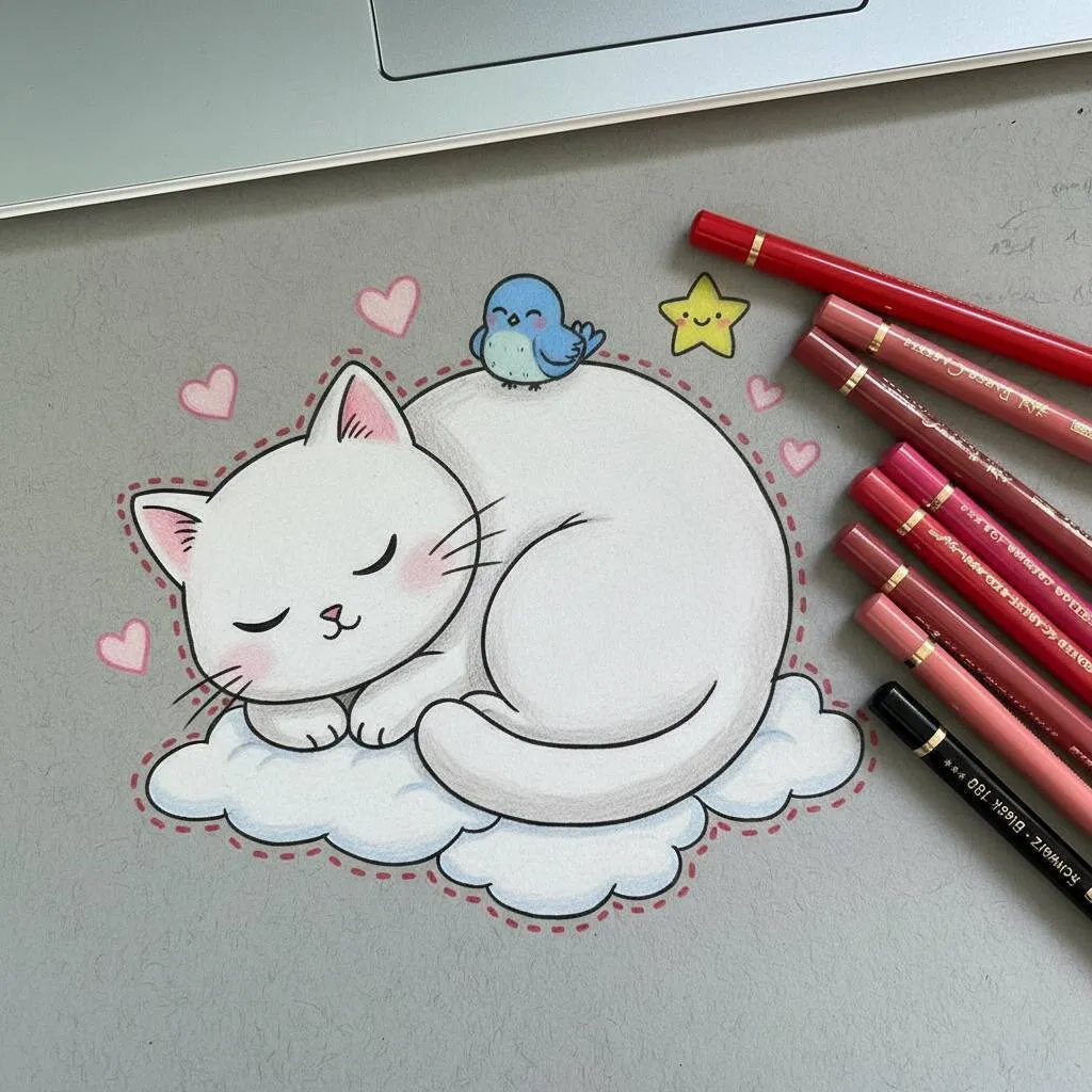 Desenho Fofo para Desenhar de um gato dormindo com um passarinho Desenho Fofo para Desenhar de um gato dormindo com um passarinho