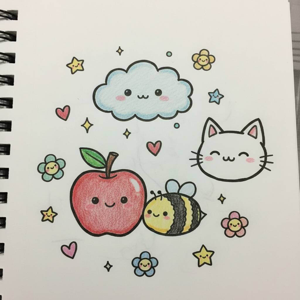 Desenho Fofo para Desenhar de um gato, maçã e abelha