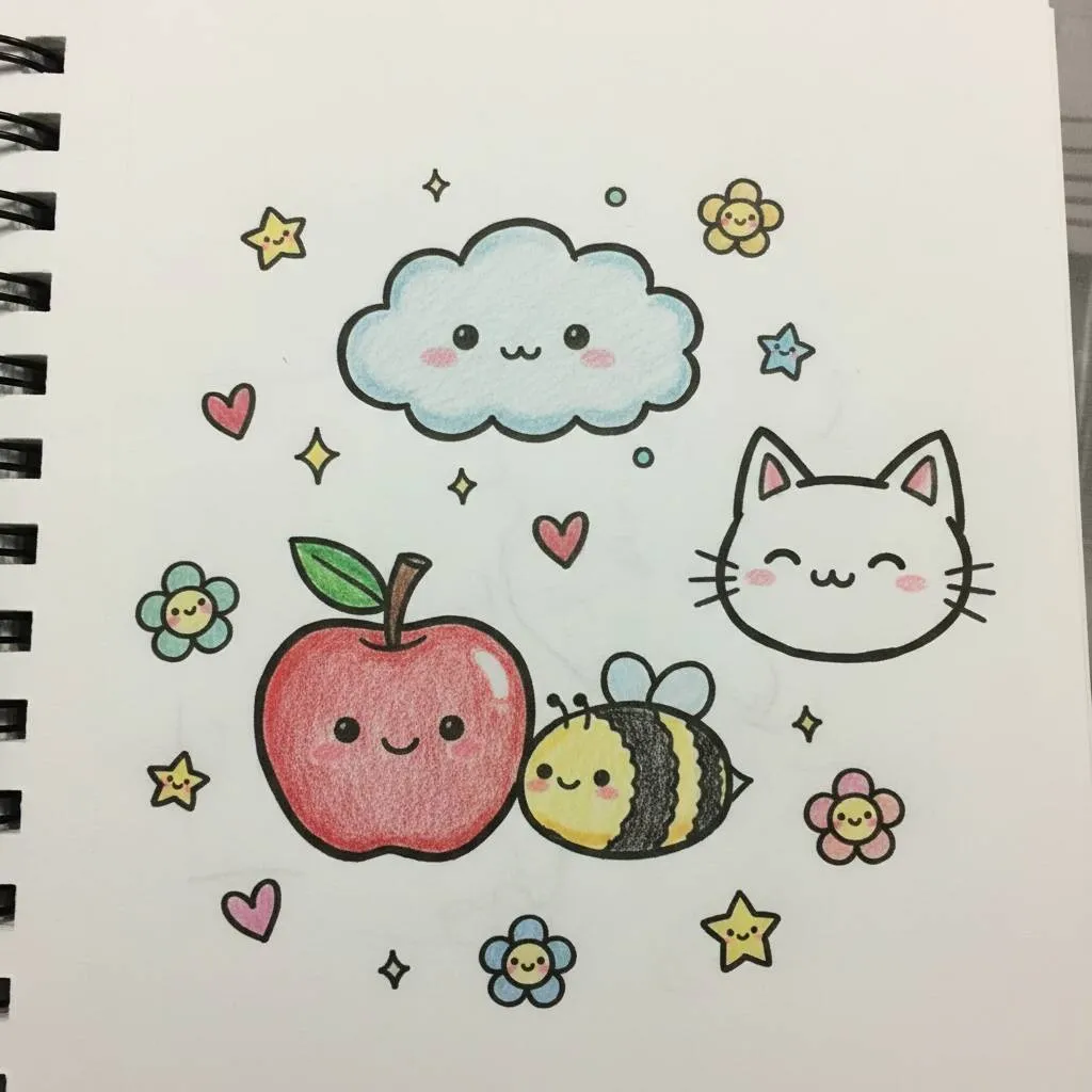 Desenho Fofo para Desenhar de um gato, maçã e abelha