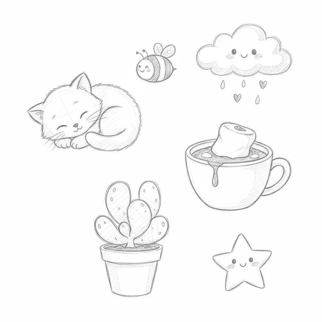 Desenho Fofo para Desenhar de um gato, nuvem, cacto e estrela