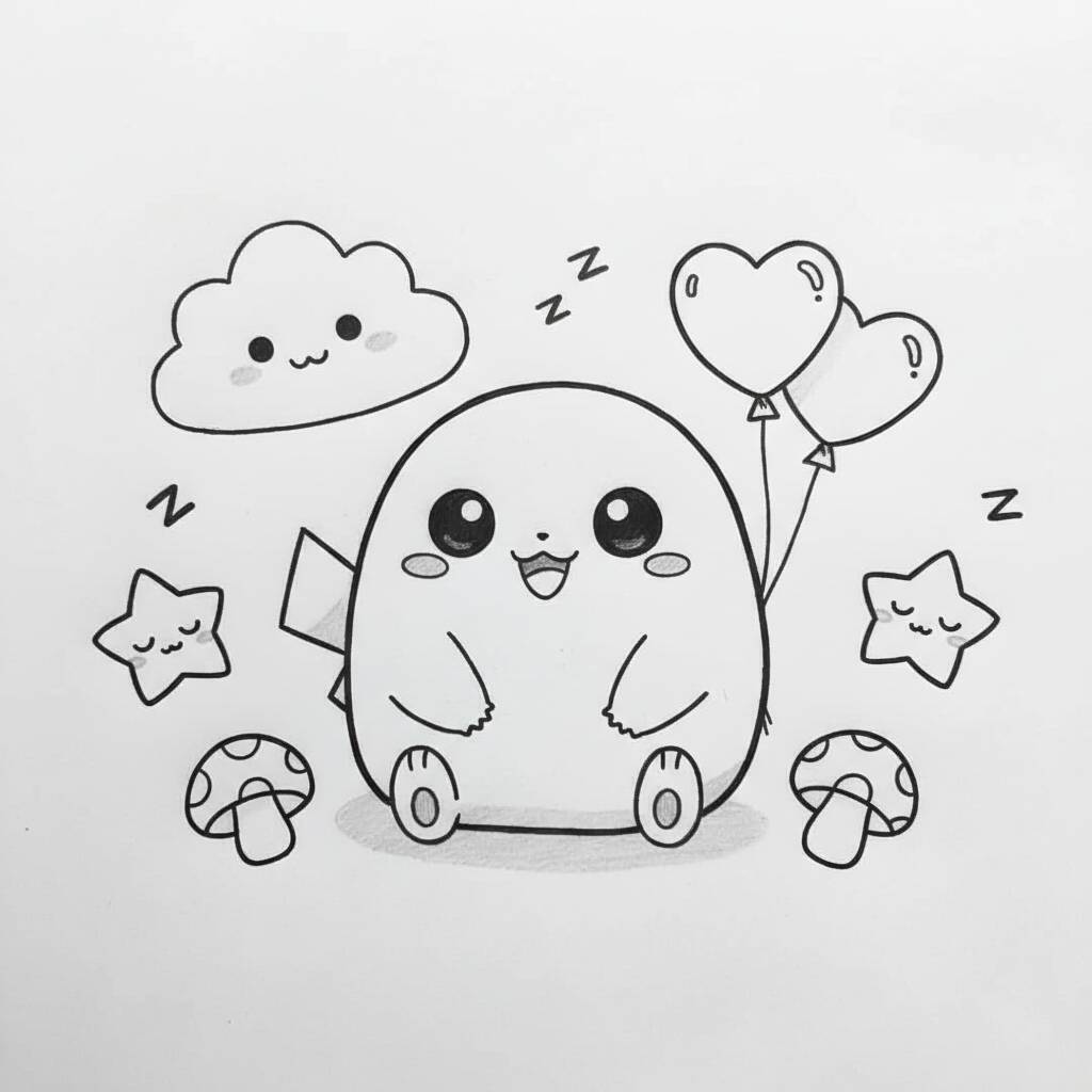 Desenho Fofo para Desenhar de um personagem adorável com balões