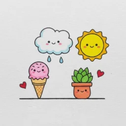 Desenho Fofo para Desenhar de um sorvete, nuvem e sol