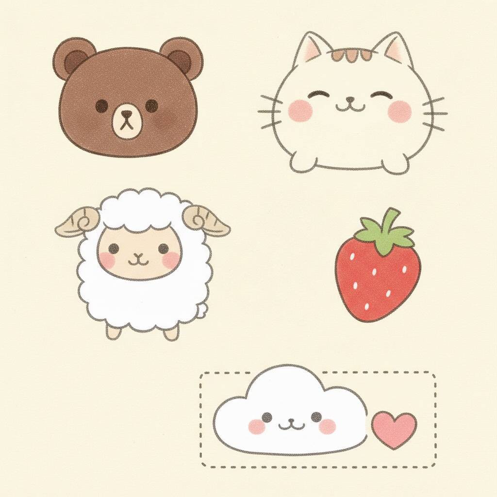 Desenho Fofo para Desenhar de um urso, gato, ovelha, morango e nuvem