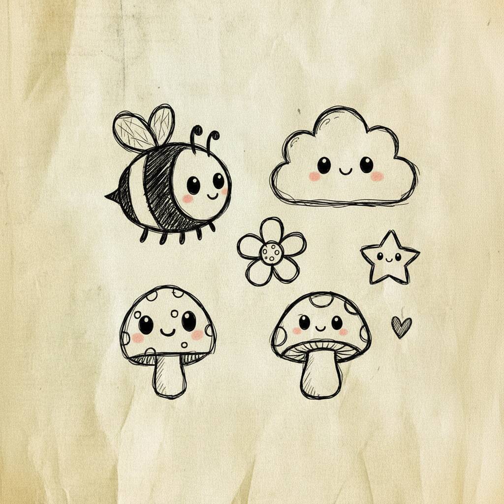 Desenho Fofo para Desenhar de uma abelha, nuvem, flor e cogumelos