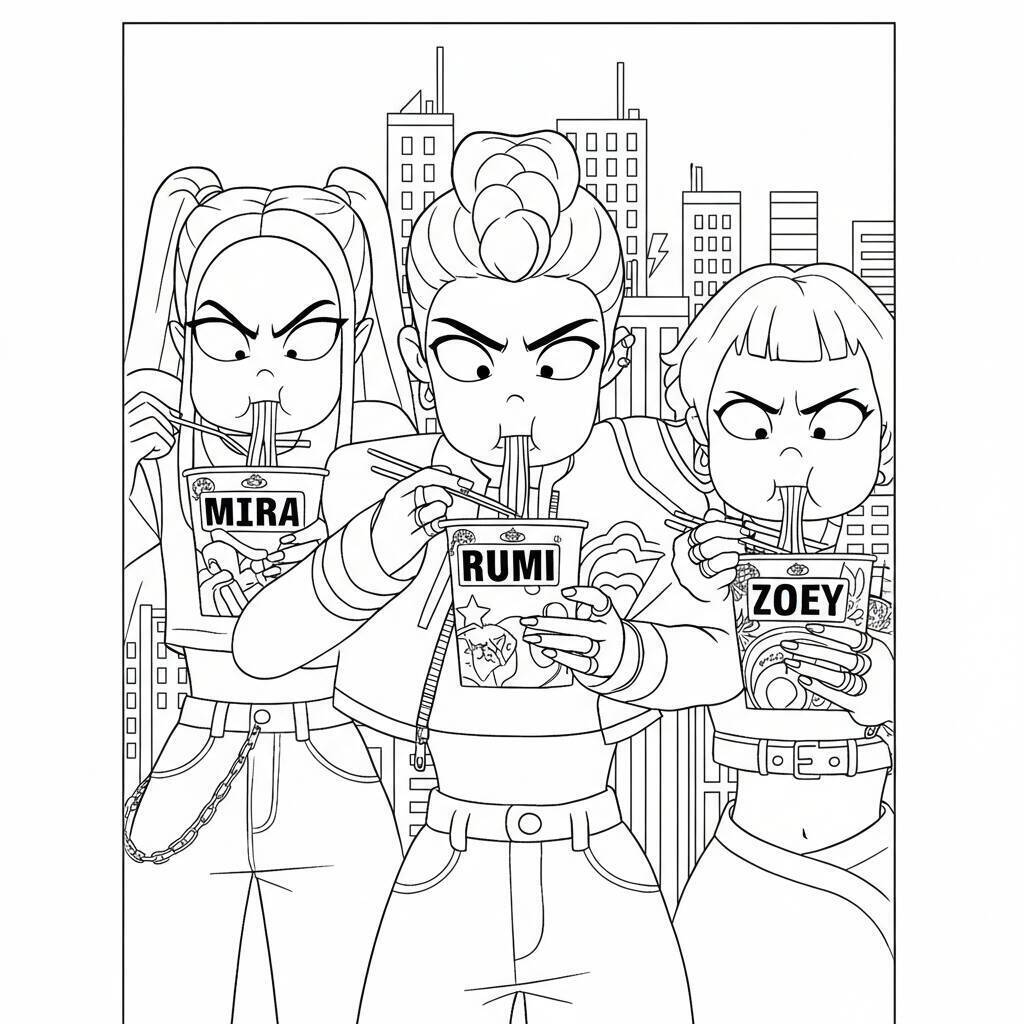 Desenho K-pop Demon Hunters da Mira, Rumi e Zoey para colorir