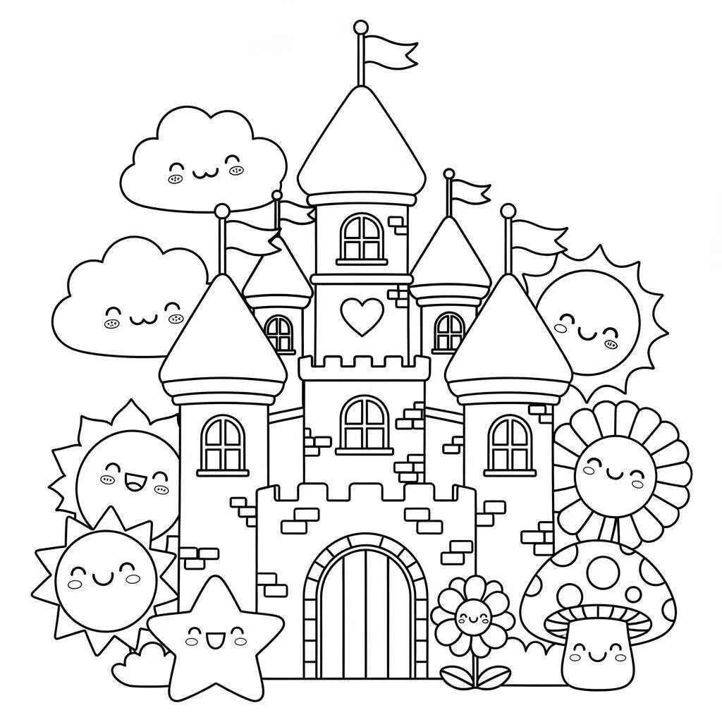Desenho-Kawaii-de-Castelo-para-Colorir Desenho Kawaii de Castelo para Colorir