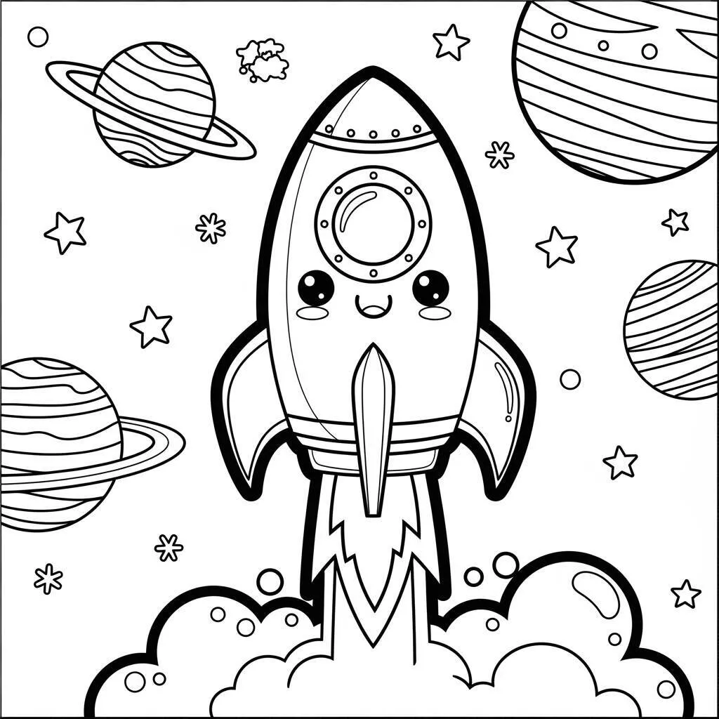 Desenho-Kawaii-de-Foguete-para-Colorir Desenho Kawaii de Foguete para Colorir