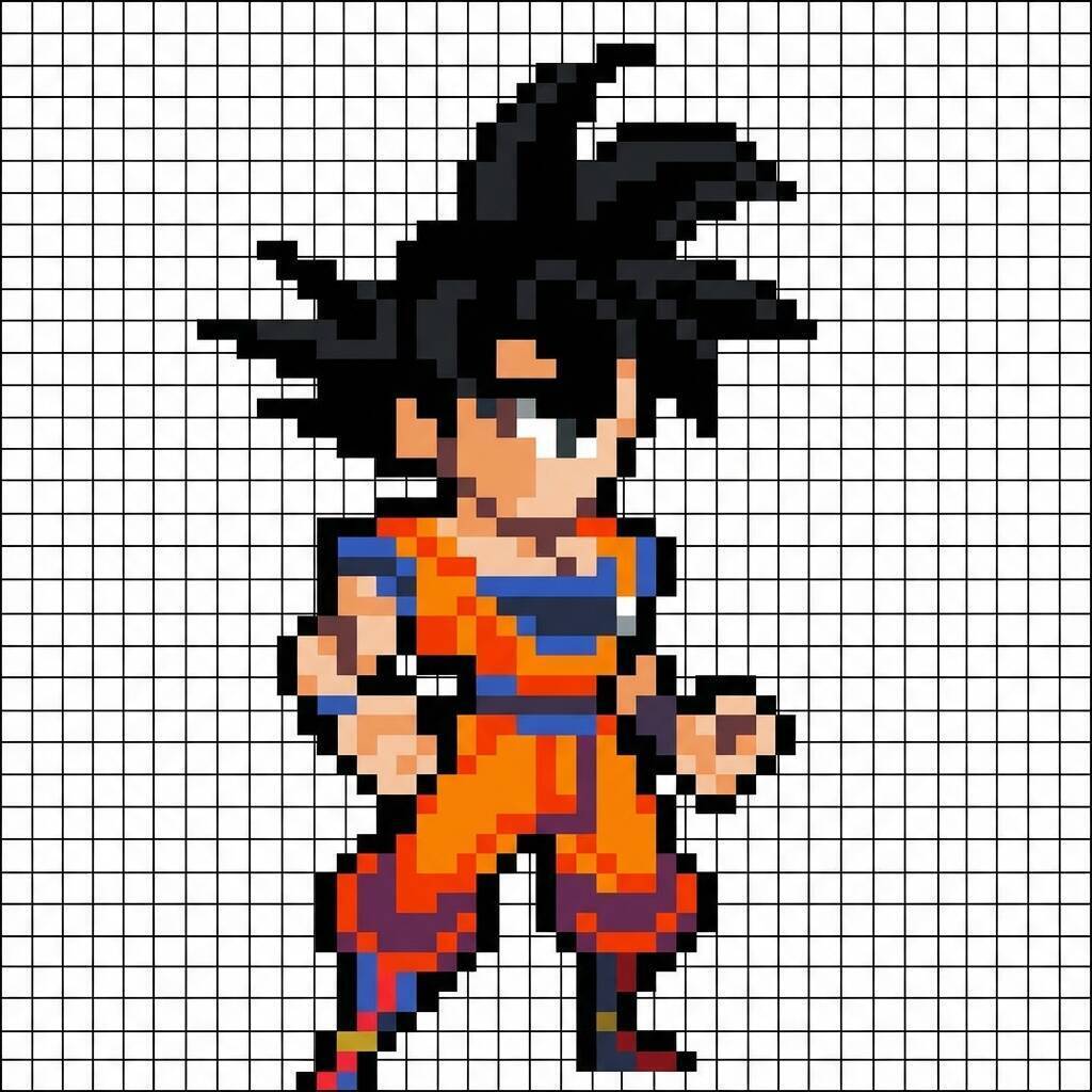 Desenho Pixel Art do Goku em ação para colorir
