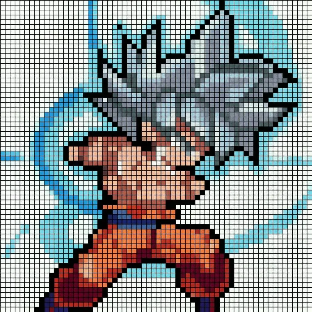 Desenho Pixel Art do Goku em modo Instinto para colorir