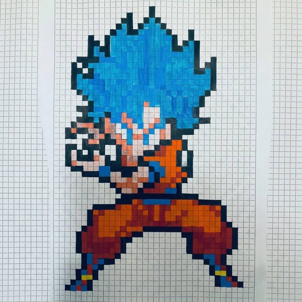 Desenho Pixel Art do Goku em transformação poderosa para colorir