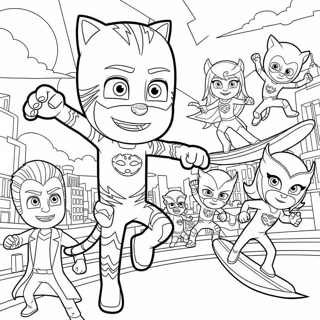 Desenho Pj Masks Catboy enfrentando vilões para Colorir