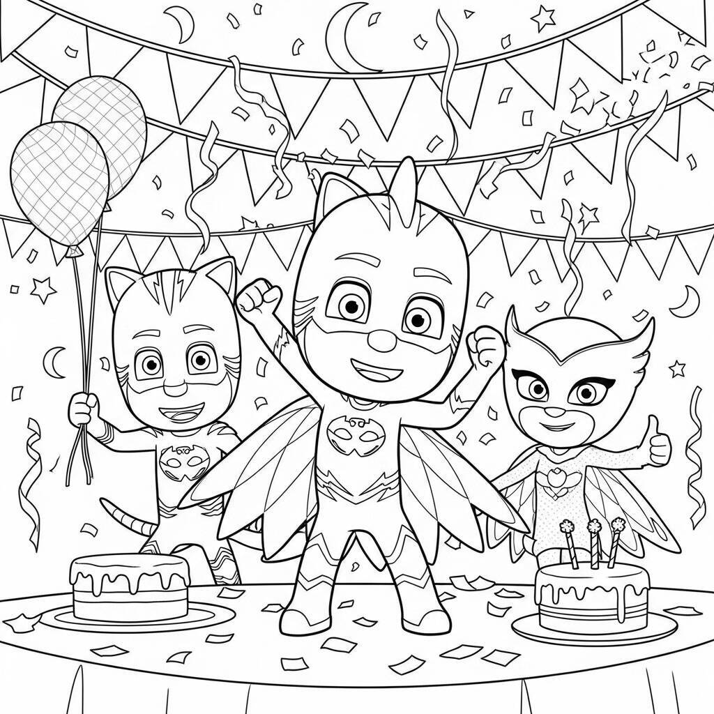Dibujando Pj Masks Gekko y sus amigos en una fiesta para Colorear