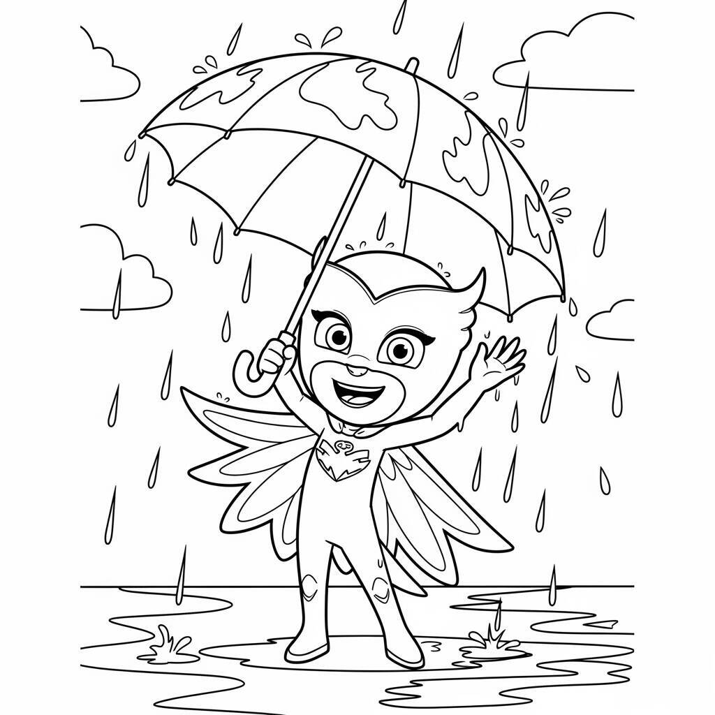 Desenho Pj Masks Owlette em um dia de chuva para Colorir
