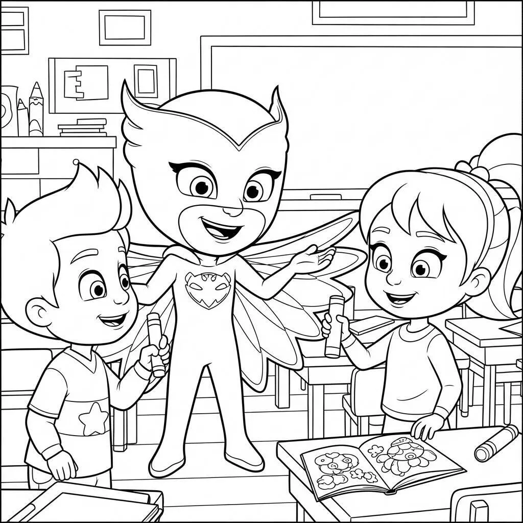 Desenho-Pj-Masks-Owlette-fazendo-amigos-para-Colorir Desenho Pj Masks Owlette fazendo amigos para Colorir
