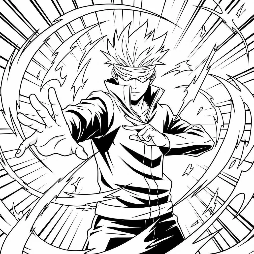 Desenho Satoru Gojo com Cenas de Luta para Colorir