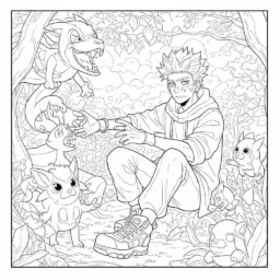 Desenho Satoru Gojo e Criaturas Mágicas para Colorir