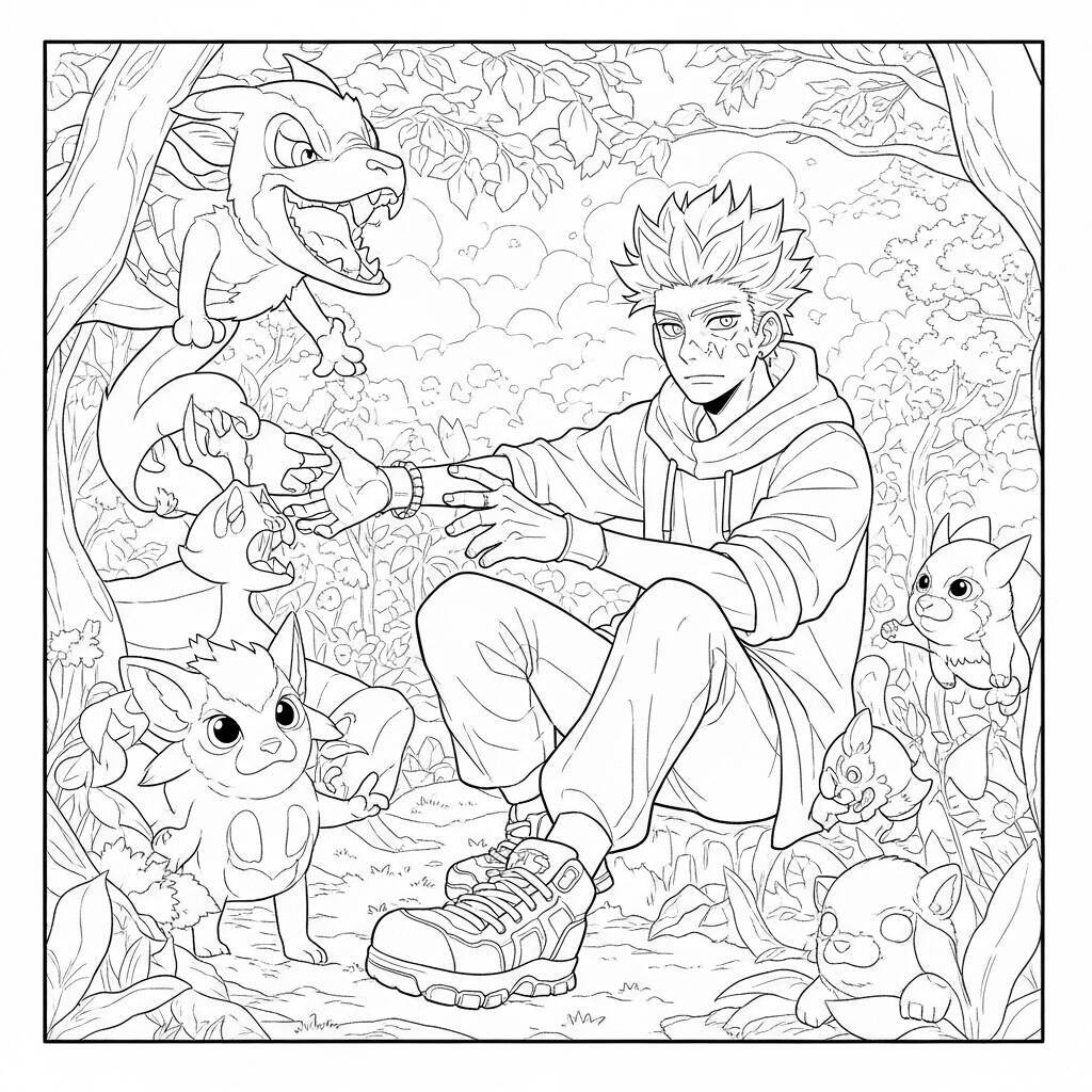 Desenho Satoru Gojo e Criaturas Mágicas para Colorir
